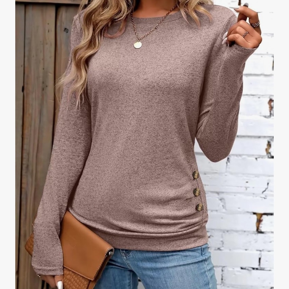 Chic Nation Brown Long Sleeve Top with Button Accents